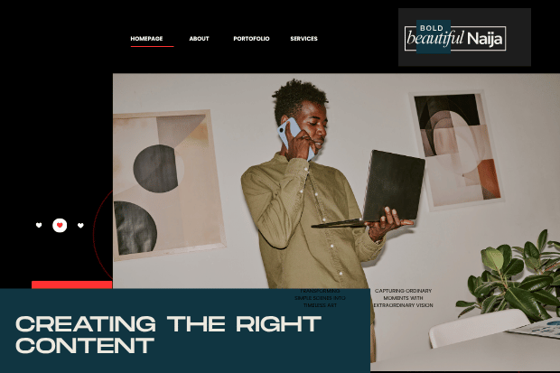 A creator economy visual for Bold Beautiful Naija displaying a close-up profile view of a man with locs against a deep teal background with text overlay "CREATING THE RIGHT CONTENT" emphasizing brand safety.