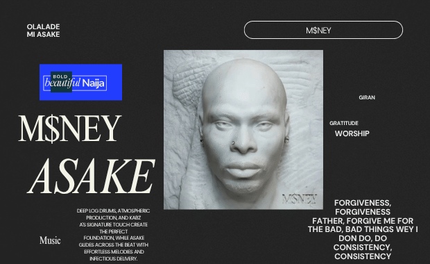Editorial hero banner for Bold Beautiful Naija ranking Asake’s M$NEY album top 5 songs including Worship, Asambe, Forgiveness, and Gratitude.
