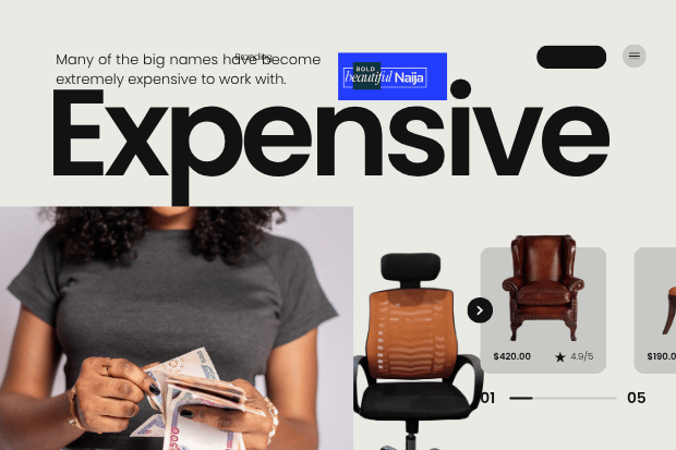 A digital marketing strategy graphic for Bold Beautiful Naija highlighting campaign efficiency with a close-up portrait of a woman and a clean black text overlay reading "EXPENSIVE.