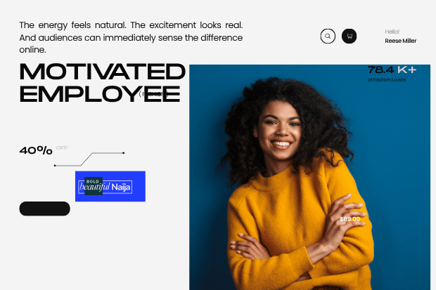 An organic brand marketing visual for Bold Beautiful Naija showing a woman with an elegant hairstyle against a neutral blue backdrop, with a bold black text overlay reading "MOTIVATED EMPLOYEE.