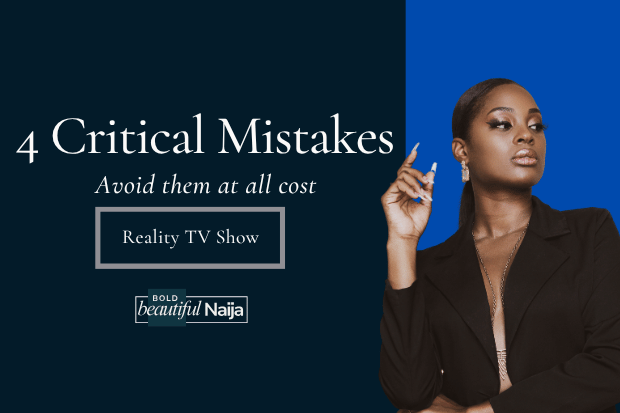 Bold Beautiful Naija article graphic titled 4 Critical Mistakes, Avoid them at all cost, featuring an elegant Nigerian woman in a black blazer against a split dark navy and bright blue background.