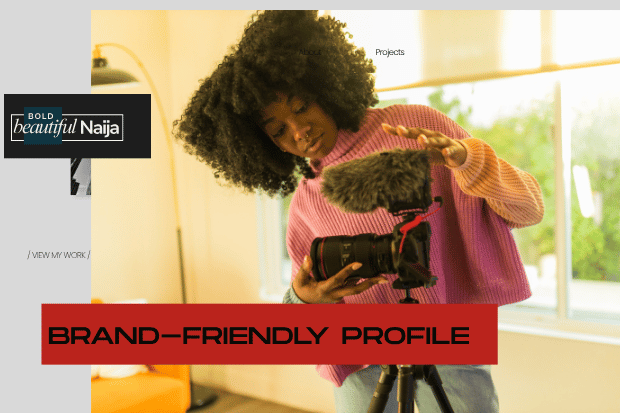 A premium personal brand graphic for Bold Beautiful Naija featuring a woman with an elegant braided hairstyle glancing sideways against a clean gray background with dark text reading "BRAND-FRIENDLY PROFILE.