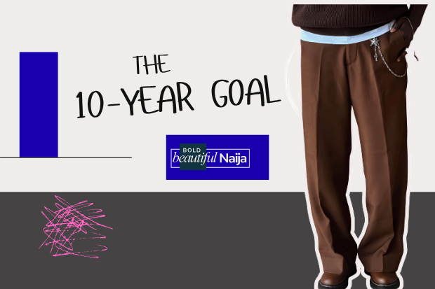 A minimalist digital marketing graphic for Bold Beautiful Naija outlining the 10-year goal of building a long-term media empire and sustainable wealth.