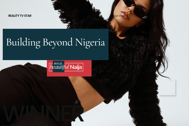 A Bold Beautiful Naija digital branding graphic featuring a stylish woman in a dark textured jacket and sunglasses, with overlay text "Building Beyond Nigeria" outlining global audience expansion strategies.