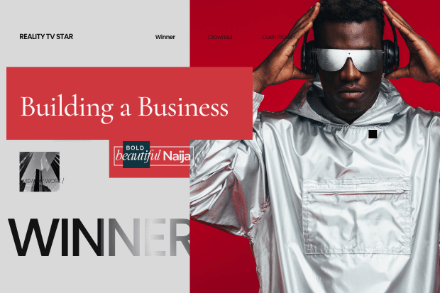 A stylish model in a metallic silver jacket and futuristic sunglasses next to a red "Building a Business" block.