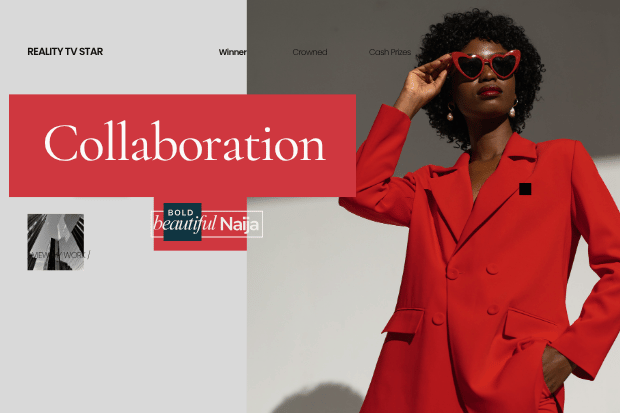 A Bold Beautiful Naija influencer marketing graphic featuring a woman in a sharp red suit and heart-shaped sunglasses with text overlay "Collaboration" to highlight cross-border audience growth.
