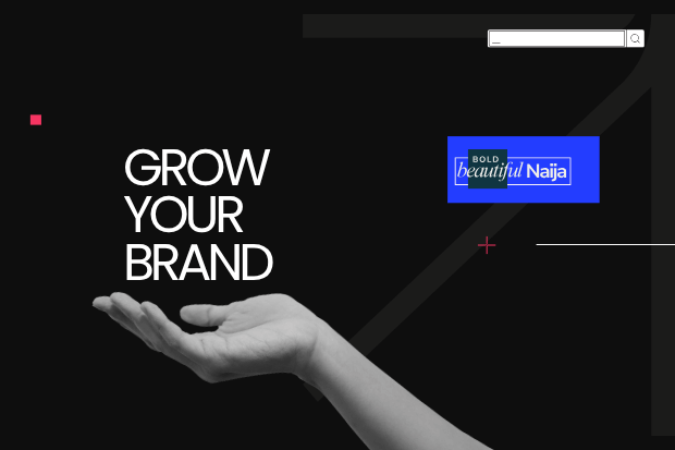 A performance marketing summary graphic for Bold Beautiful Naija showcasing a close-up of hands styled in a beige blazer with minimal white typography reading "grow your brand" to close out the celebrity marketing deep dive.