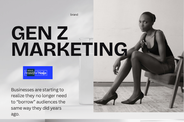 A corporate social media management graphic from Bold Beautiful Naija featuring a stylish  lady sitting against a light backdrop, with a vibrant pink text overlay reading "GEN Z Marketing."