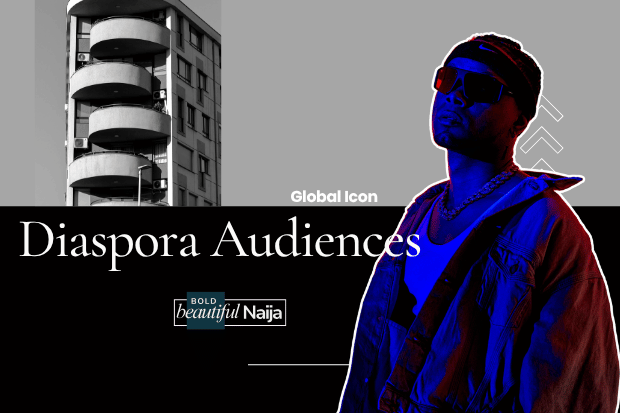 A high-end creator economy graphic for Bold Beautiful Naija showing a person highlighted in blue light with overlay text "Diaspora Audiences" emphasizing high-CPM ad revenue optimization.