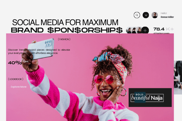 A Bold Beautiful Naija media graphic featuring an expressive close-up portrait of a woman looking upward against a split bright red background, with text overlay "SPONSORSHIPS" highlighting influencer marketing strategies.