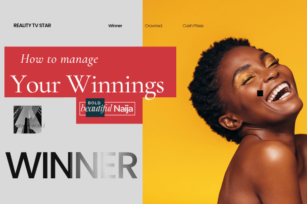 A smiling Nigerian reality TV winner against a vibrant yellow background with a Bold Beautiful Naija branding banner.