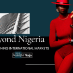 A graphic for Bold Beautiful Naija showing a woman in a bright red outfit and wide-brimmed hat with text overlay "Beyond Nigeria REACHING INTERNATIONAL MARKETS" symbolizing a ten-year global legacy.