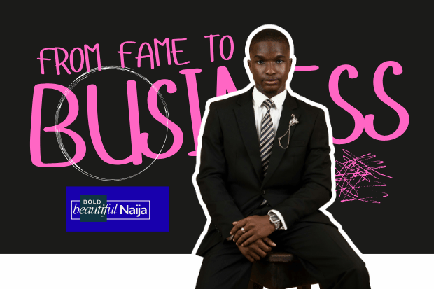 A professional digital entrepreneurship graphic featuring a man in a corporate suit for the Bold Beautiful Naija guide on turning reality TV fame into a sustainable media business.