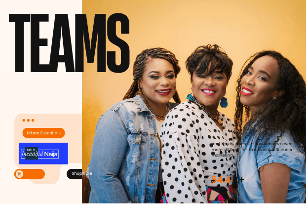 A performance marketing campaign visual for Bold Beautiful Naija featuring an expressive close-up portrait of three women against a vivid yellow background with a bold typography overlay reading "Teams."