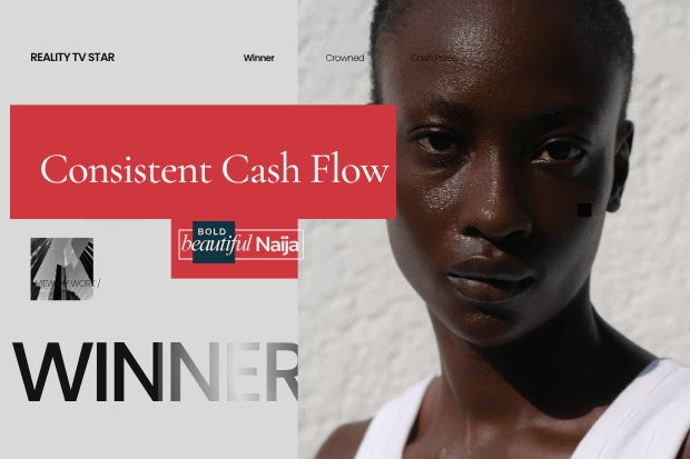 A close-up editorial portrait of a woman representing financial strategy, featuring a red "Consistent Cash Flow" banner.
