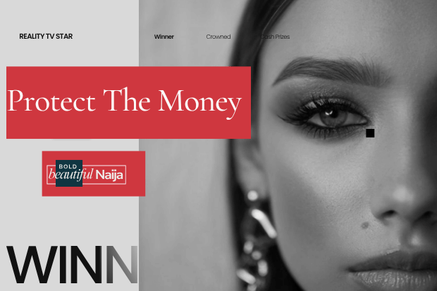 An editorial close-up portrait in black and white with a red graphic overlay reading "Protect The Money."