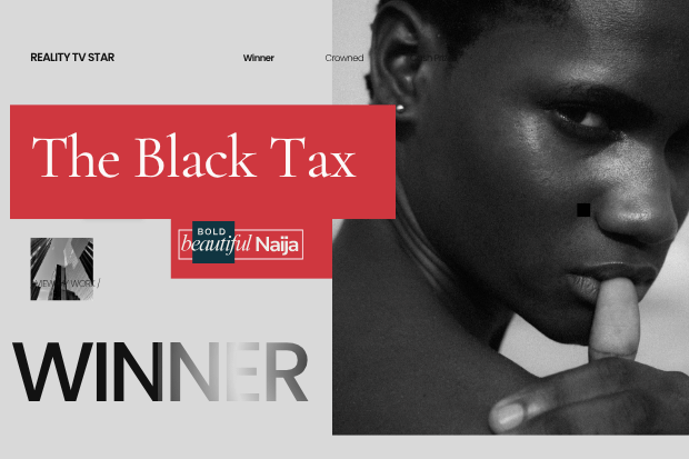 A dramatic black and white profile photo featuring a red header banner titled "The Black Tax.
