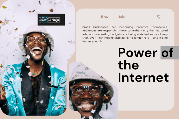 A digital marketing visual for Bold Beautiful Naija displaying a profile view of a man with locs against a rich teal background, featuring a bold text overlay that reads "Power of the Internet"
