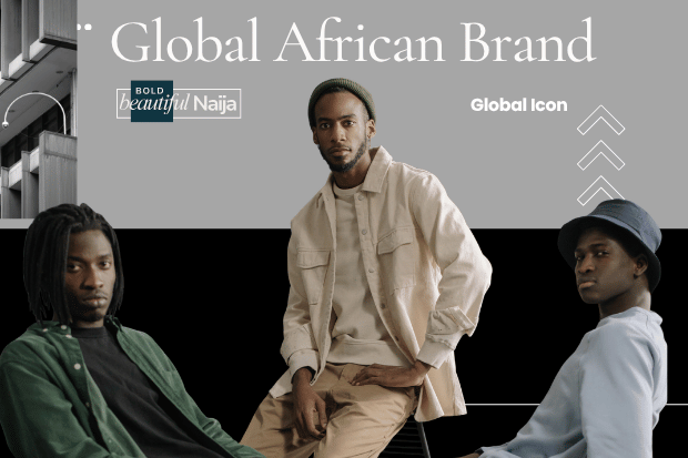 A premium personal branding image for Bold Beautiful Naija showcasing three stylish men with text overlay "Global African Brand" representing high-value global marketability.