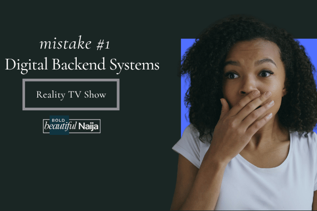 old Beautiful Naija graphic for mistake 1: Digital Backend Systems, showing a shocked young woman with her hand over her mouth highlighting automatic registration portal filter errors.