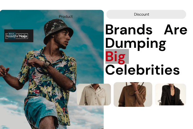 A Bold Beautiful Naija influencer marketing graphic featuring a close-up portrait of a man looking sideways against a bright sky backdrop, with a bold text overlay reading "Brands Are Dumping Big Celebrities" to outline changing brand strategies.