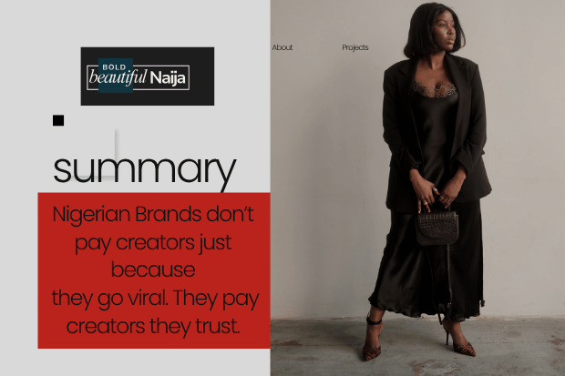 A corporate partnership summary graphic for Bold Beautiful Naija showing a close-up of a person styled in a beige blazer highlighting long-term sponsorship reliability and digital asset growth.