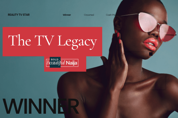 A striking fashion portrait of a woman wearing pink sunglasses next to a prominent red graphic banner reading "The TV Legacy.