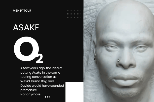 Editorial summary graphic showing Asake's rise into the global arena touring conversation alongside Afrobeats' biggest live performers.