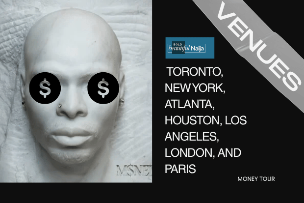 Visual showcasing major venues on Asake's In God We Trust World Tour including London, Toronto, New York, Paris, and Atlanta.