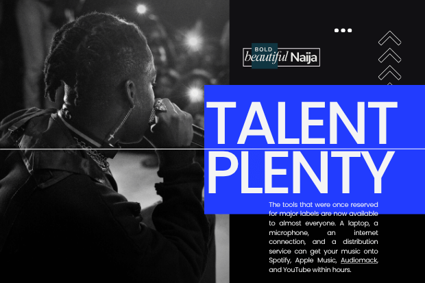 Infographic showing the rise of independent musicians, affordable recording technology, streaming distribution platforms, and the growing competition for audience attention in the music Nigerian industry.