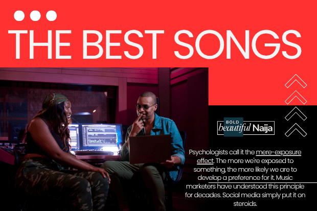 Music marketing strategy graphic illustrating how repetition, creator promotion, influencer marketing, and audience exposure can drive song popularity regardless of technical musical ability.